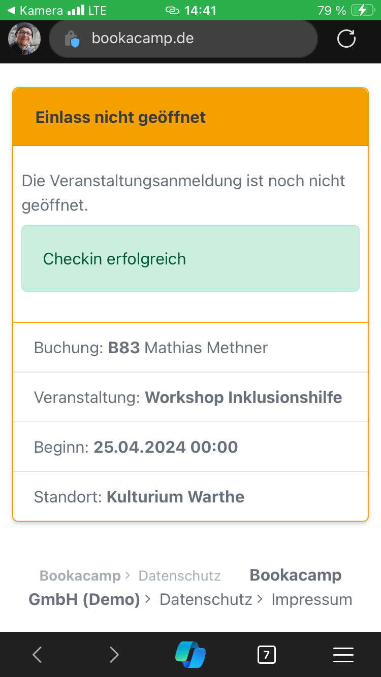 Screenshot Checkin erfolgreich