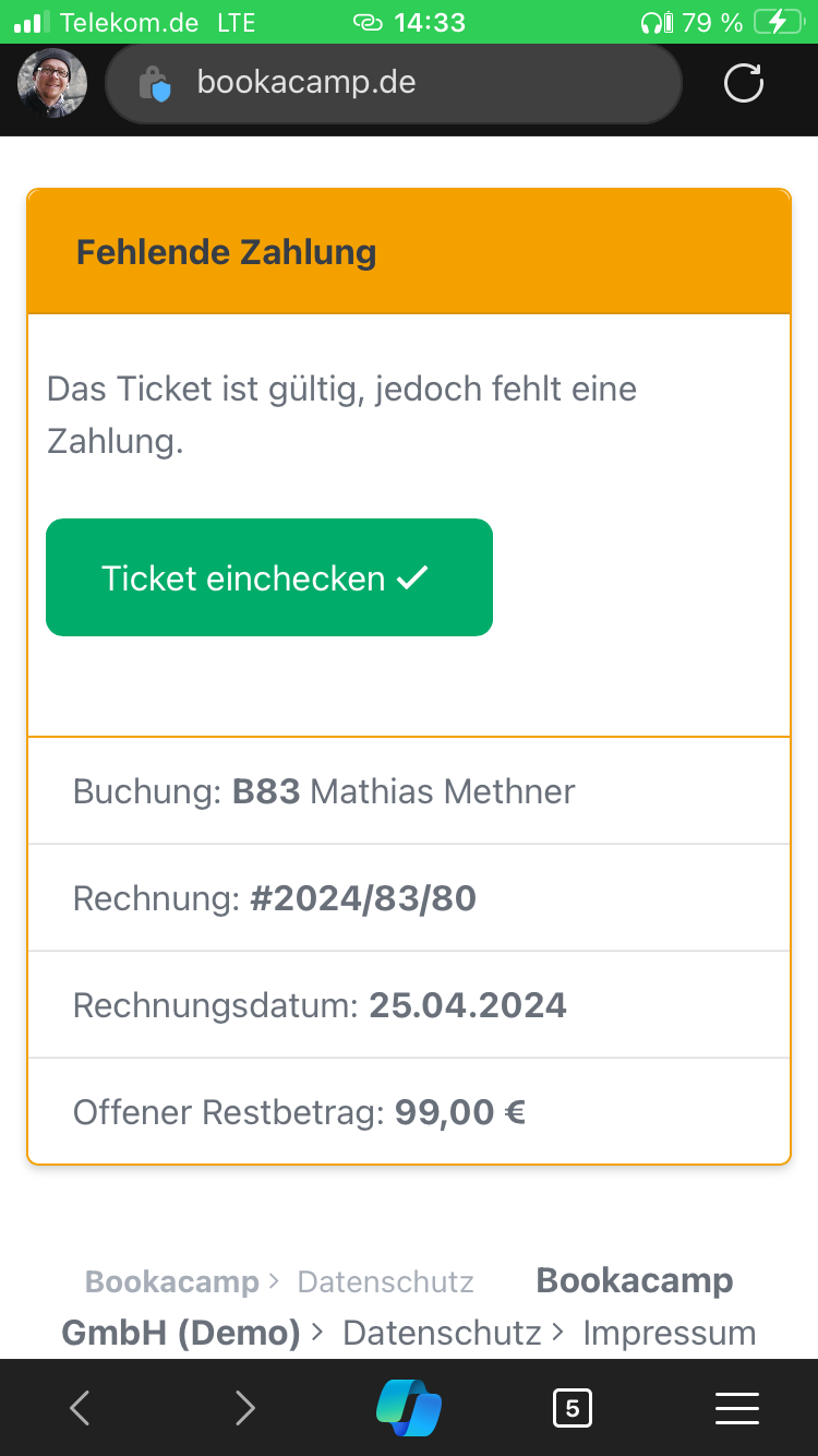 Screenshot Checkin bei fehlender Zahlung
