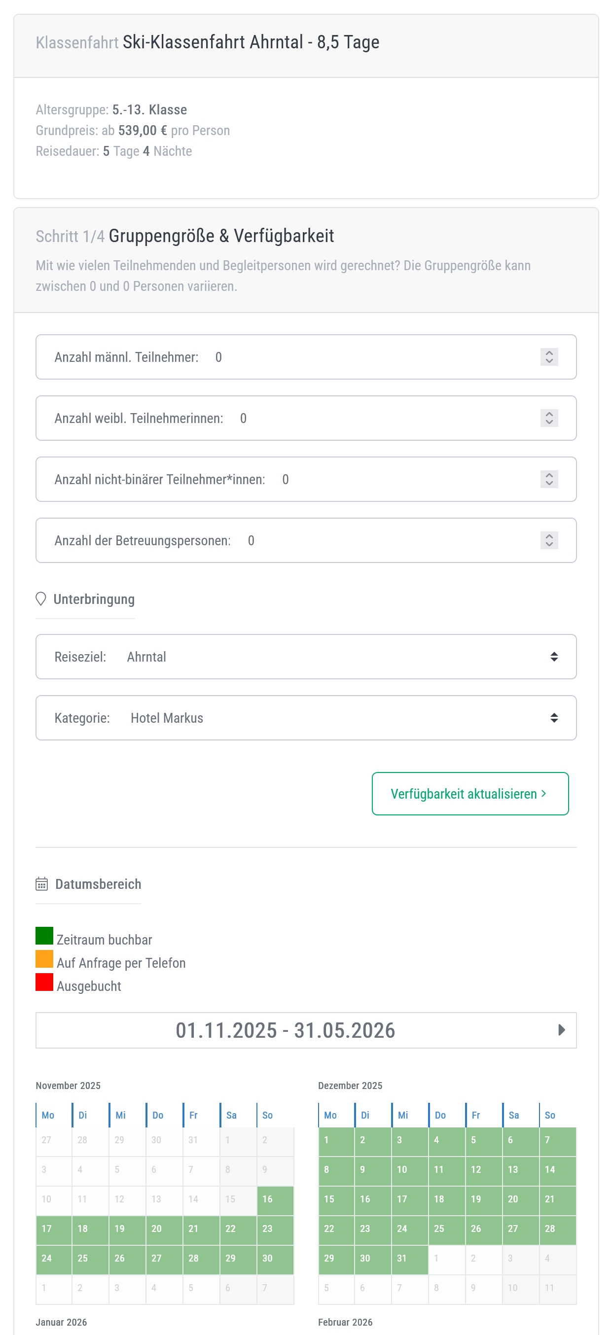Screenshot groepsboekingsformulier